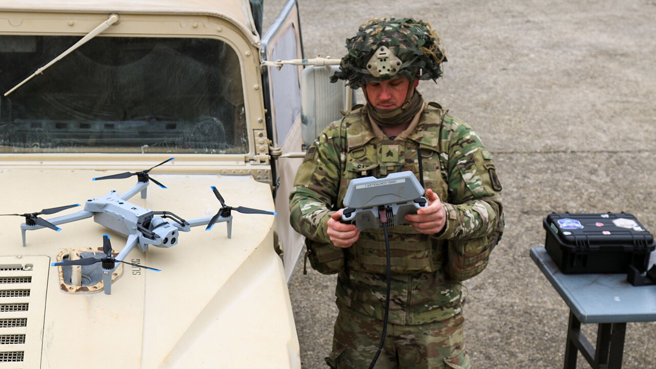U.S. Army Sgt. Tucker Smith with the UAS Platoon, 1st Squadron, 91st Cavalry Regiment, 173rd Airborne Brigade prepares his Skydio X10D drone for its observation flight during “Project Shiv” at Grafenwoehr Training Area, Germany, Feb. 20, 2025.