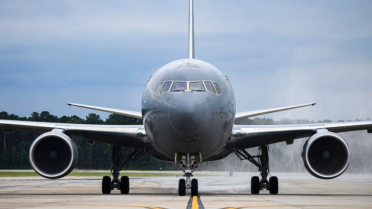 The first KC-46A Pegasus lands at Seymour Johnson Air Force Base, North Carolina, June 12, 2020.
