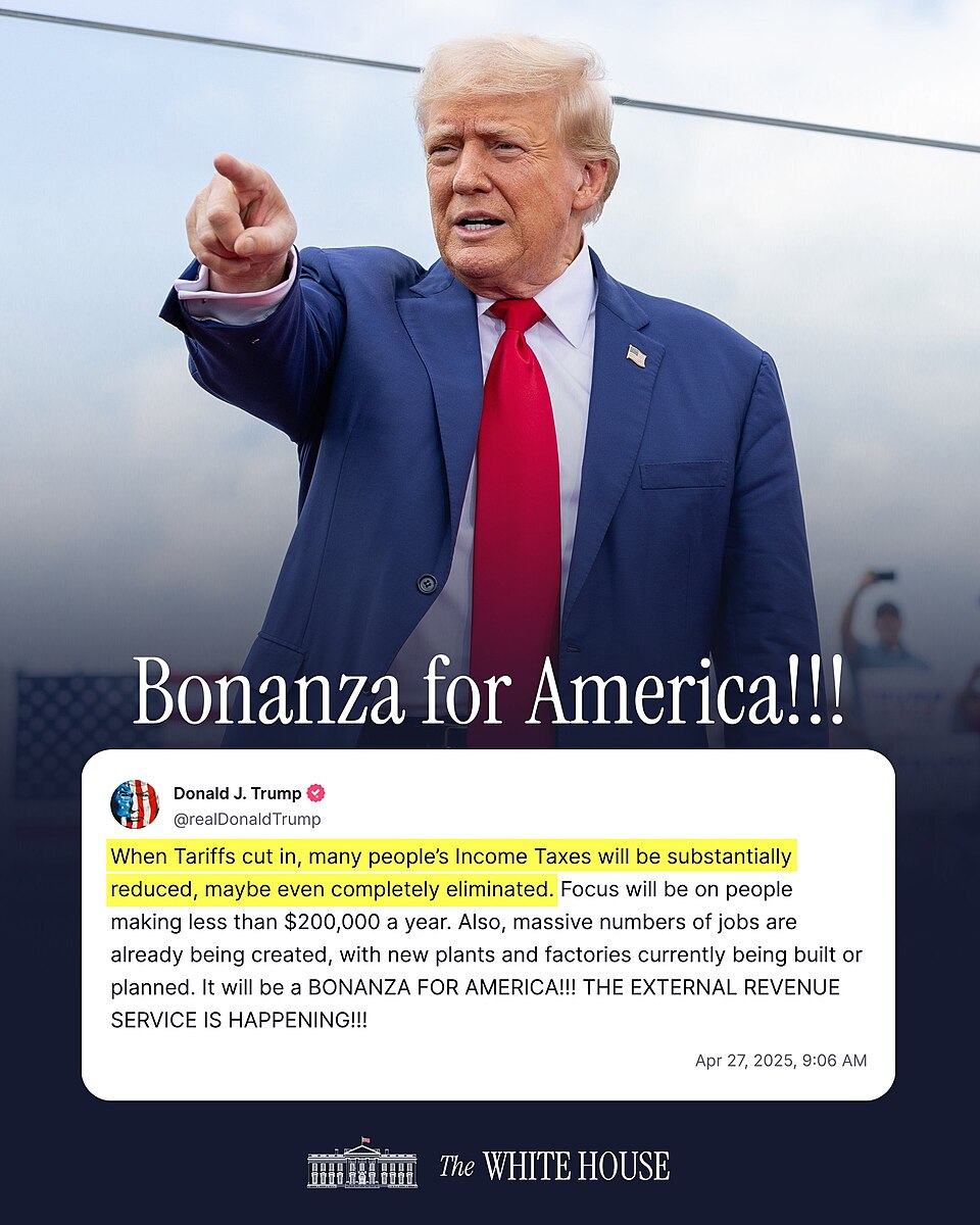 Trump social media post on income taxes and tariffs 2025.