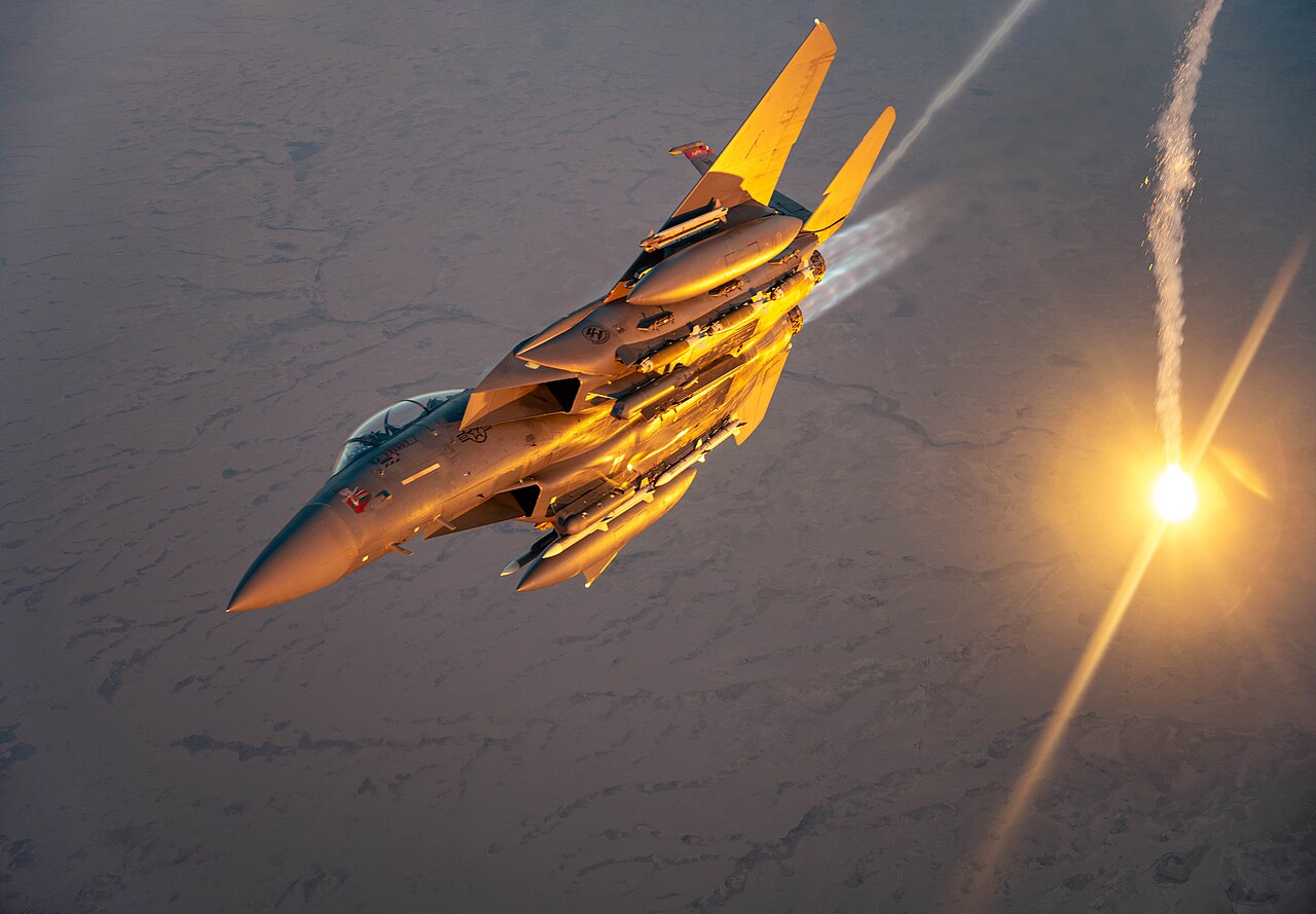 A U.S. Air Force F-15E Strike Eagle performs a flare check over the U.S. Central Command area of responsibility, March 9, 2025. The F-15E is deployed within the CENTCOM AOR to help defend U.S. interests, promote regional security, and deter aggression in the region. (U.S. Air Force photo by Senior Airman Zachary Willis)