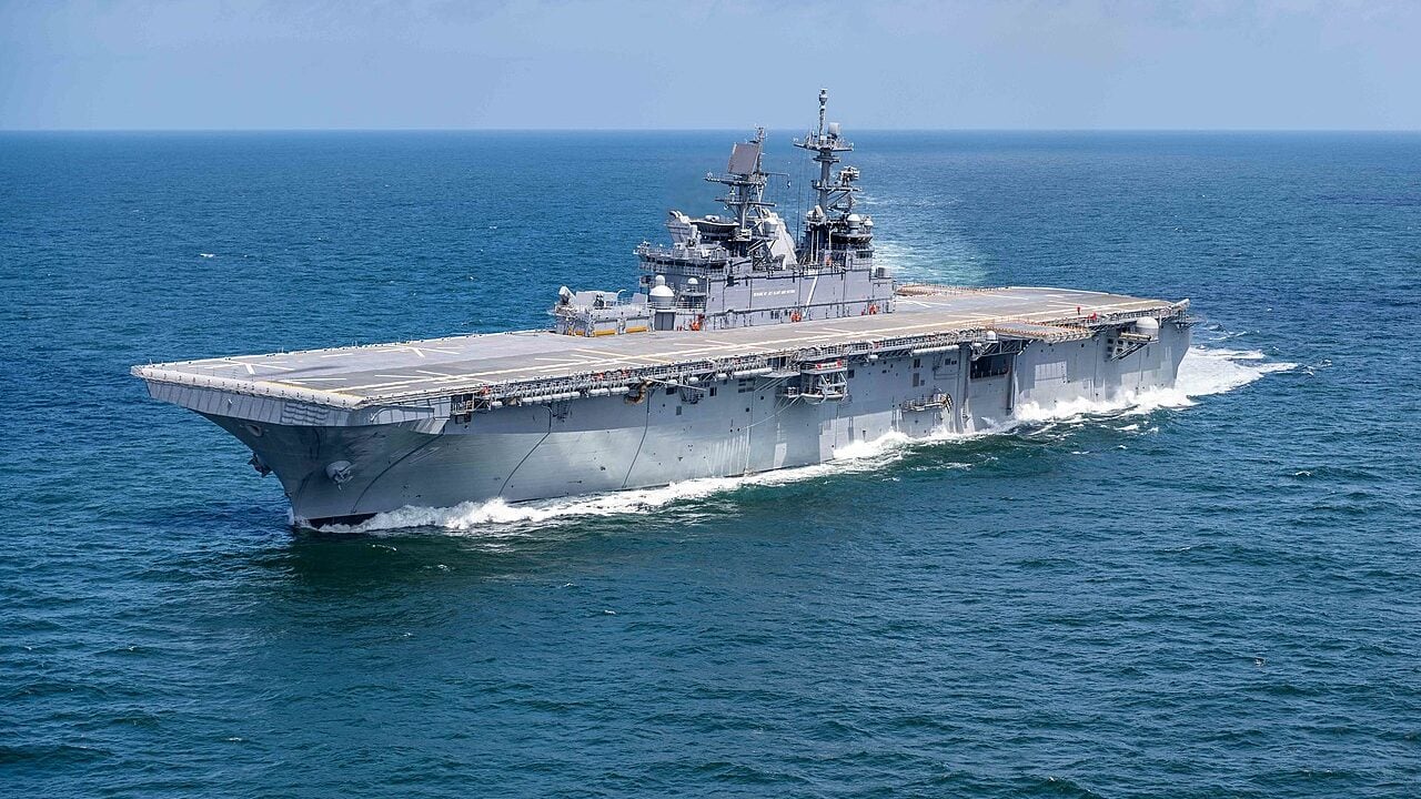 U.S. Navy amphibious assault ship USS Tripoli (LHA-7) conducts builder's trials in the Gulf of Mexico on 15 July 2019.