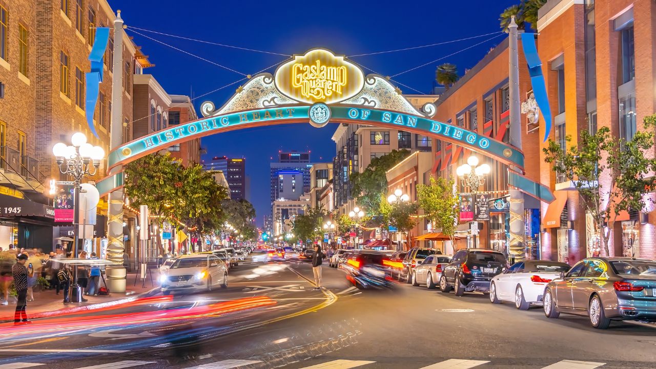 SAN DIEGO, CA, USA OCTOBER 21, 2019 : The Gaslamp Quarter in San Diego, California USA. it extends from Broadway to Harbor Drive, and 4th to 6th Avenue