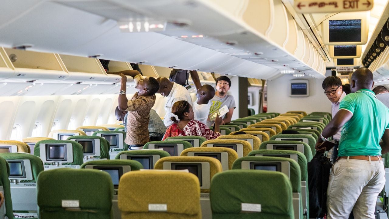 Addis Ababa, Ethiopia - February 2016: Inside of Ethiopian Airlines aircraft with passengers boarding in