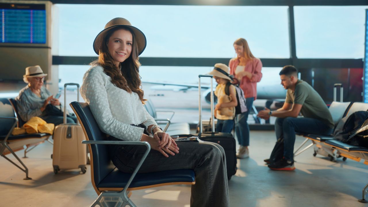 Young woman sitting at the airport gate waiting for her flight departure, surrounded by other passengers and their luggage