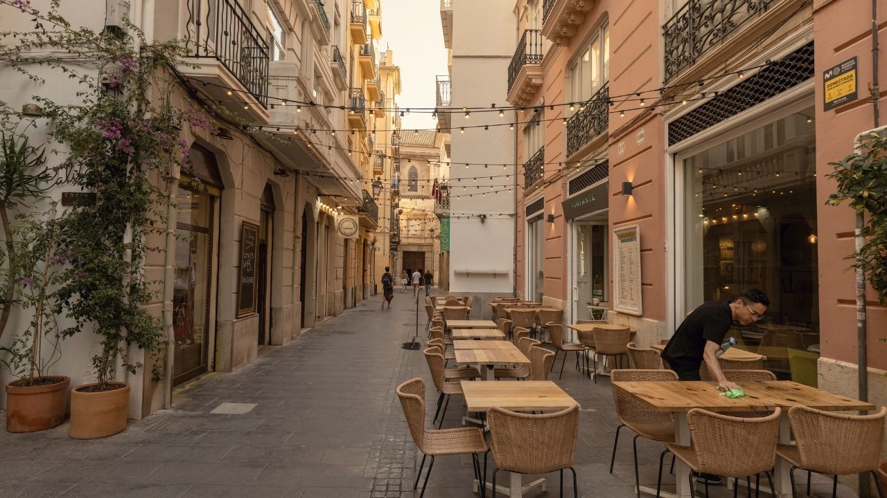 VALENCIA, SPAIN - July 15, 2025: Outdoor cafe in the old town of Valencia Spain