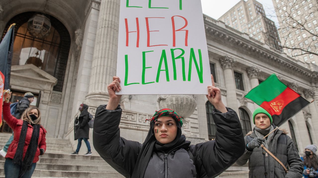 Afghan women gathered on the steps in front of the New York Public Library in protest for women rights to study after the Taliban take over in Afghanistan. Manhattan, New York, January 14, 2023.