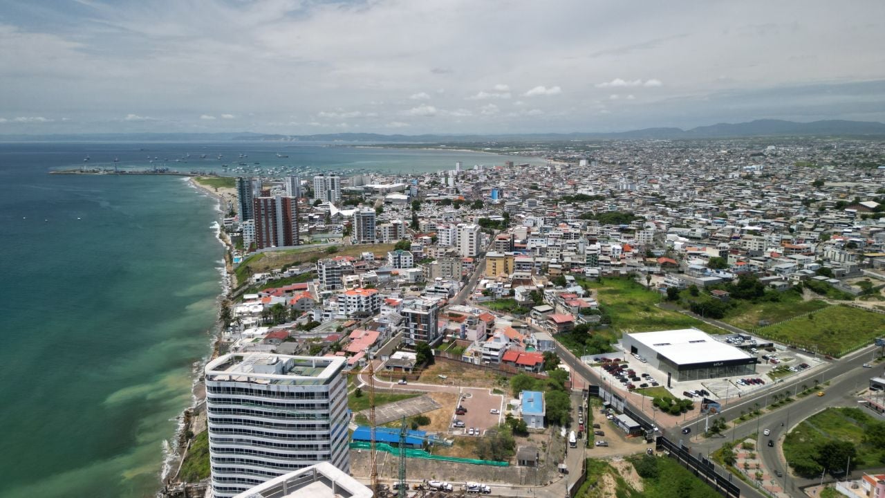 Manta-Ecuador 06 July 2025: Aerial View of Manta City with Coastline and Urban Landscape. Manta, a coastal city in Ecuador, showcasing its urban skyline, residential and commercial buildings, and beau