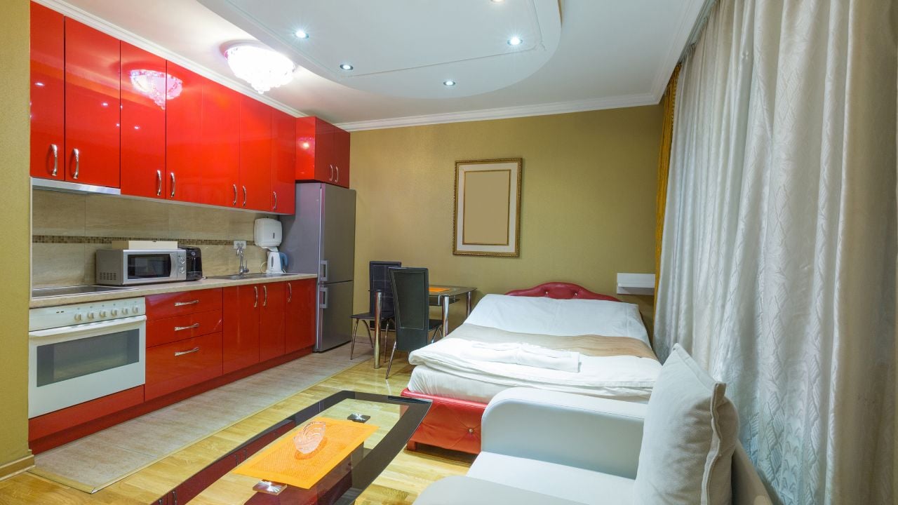 Interior of a hotel apartment with kitchen