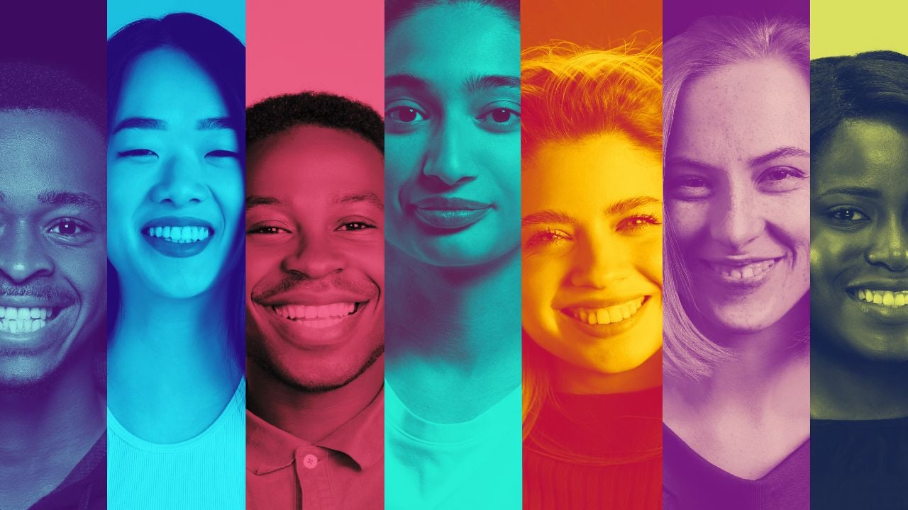 Artistic lineup of diverse people with positive emotion in multicolor gradient portrait style. Concept of creativity, diversity, inclusion, optimism, teamwork, society, connection and global unity.