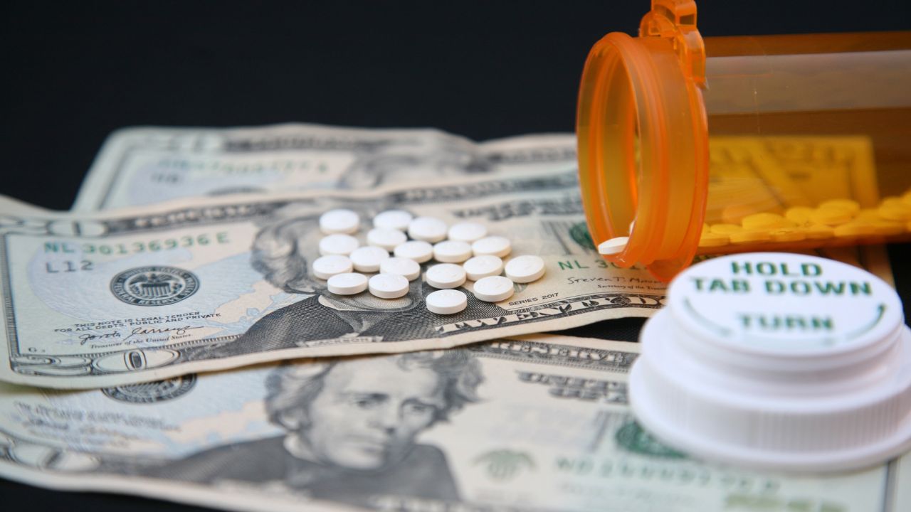 High Cost of Prescription Drugs. US Money with medicine. High Cost of Medicine and Healthcare. Healthcare, medical or drug abuse. High Cost of Prescription Drugs. High Price of Prescription Medication