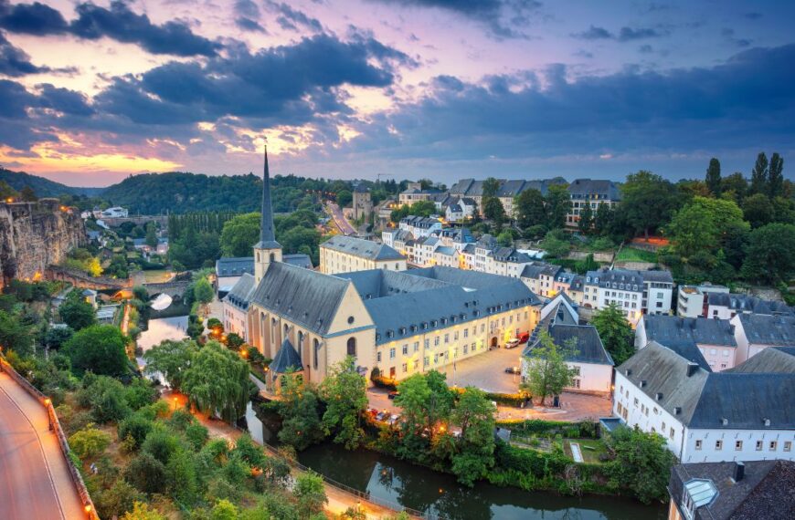 Luxembourg City. Aerial cityscape image of old town Luxembourg during beautiful summer sunrise.