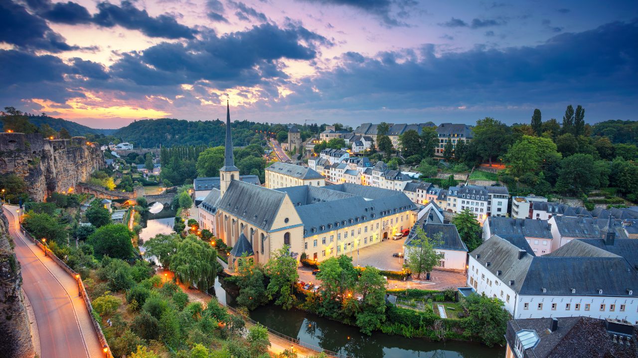 Luxembourg City. Aerial cityscape image of old town Luxembourg during beautiful summer sunrise.