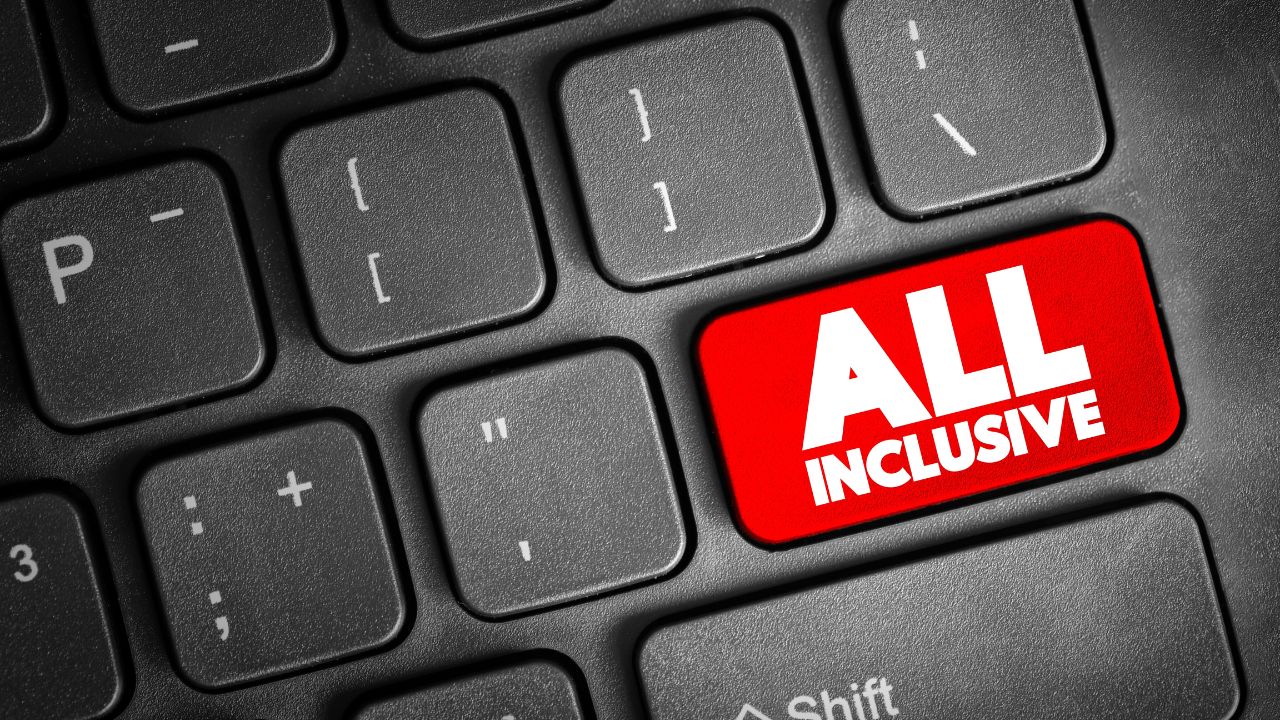 All Inclusive - a service or package that includes everything needed or desired, without additional costs or charges, text button on keyboard