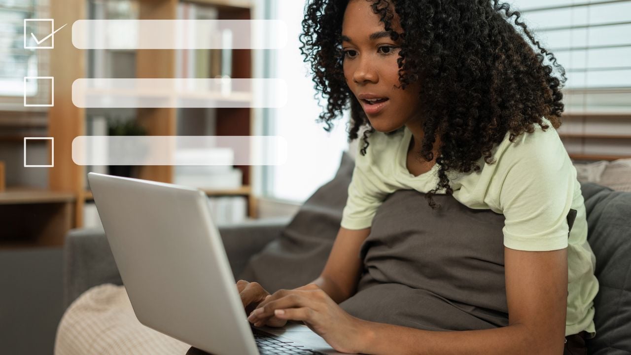 Business performance checklist concept, Woman using tablet and laptop doing online checklist survey, filling out digital form checklist.