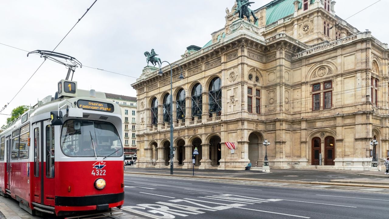 Vienna Opera House with a traditional tram passing in front