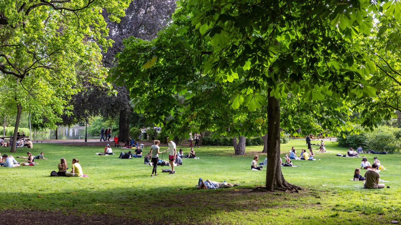 People relaxing in a public park in central Vienna