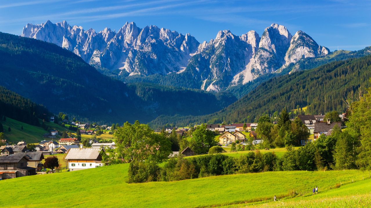 Detail view of mountain chain Gosaukamm and marvelous valley of Gosau in the district of Gmunden in Upper Austria.