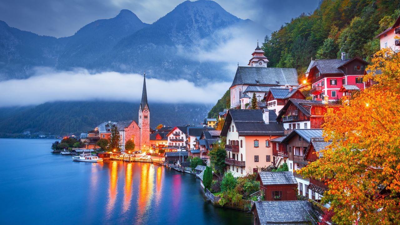Hallstatt, Austria - Scenic postcard view of world famous Hallstatt alpine village in Upper Austria, Salzkammergut region.