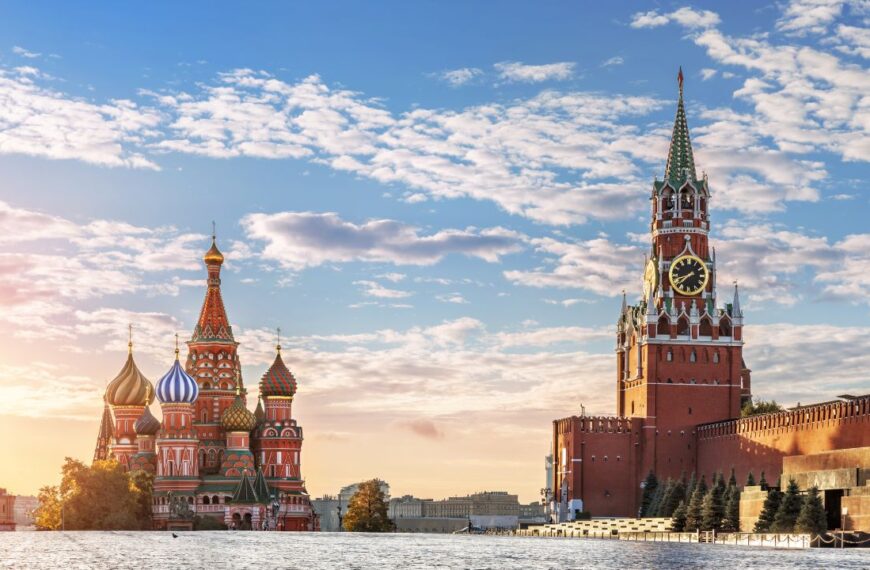 St. Basil's Cathedral and Spasskaya tower on Red Square in Moscow in the morning sun