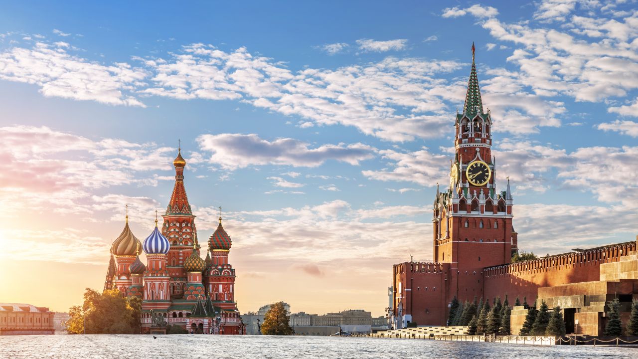 St. Basil's Cathedral and Spasskaya tower on Red Square in Moscow in the morning sun