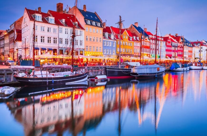 Charm of Copenhagen, Denmark at Nyhavn. Iconic canal, colorful morning twilight with breathtaking water reflections.