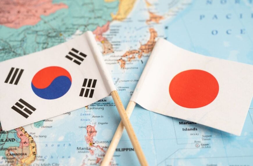 Bangkok, Thailand December 7, 2023, South Korea and Japan flag on world map.