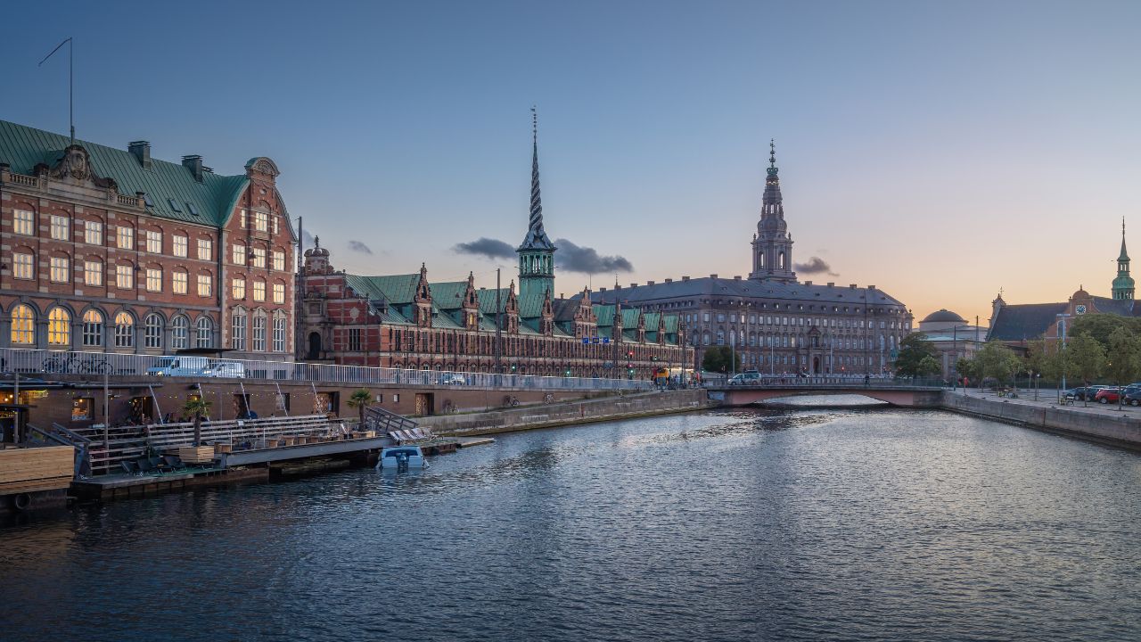 Copenhagen canal skyline and Slotsholmen at sunset, Denmark