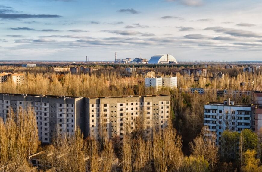 Vew from roof of 16-storied apartment house in Pripyat town, Chernobyl Nuclear Power Plant Zone of Alienation, Ukraine