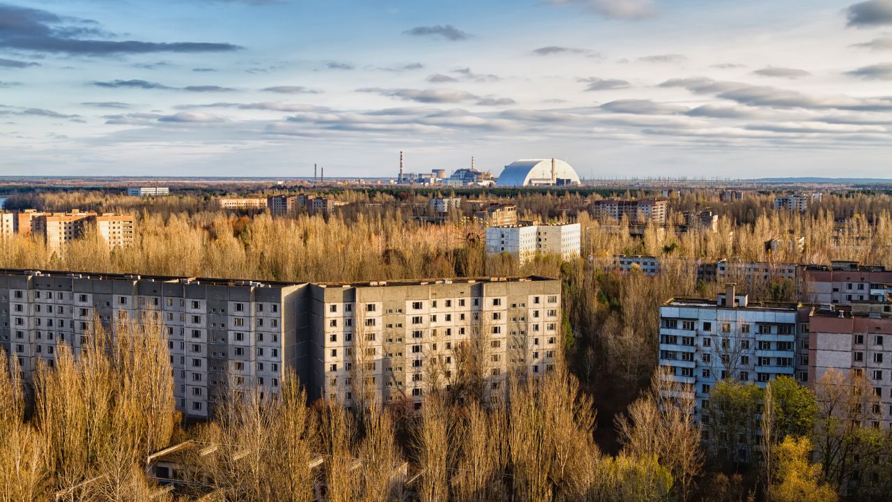 Vew from roof of 16-storied apartment house in Pripyat town, Chernobyl Nuclear Power Plant Zone of Alienation, Ukraine