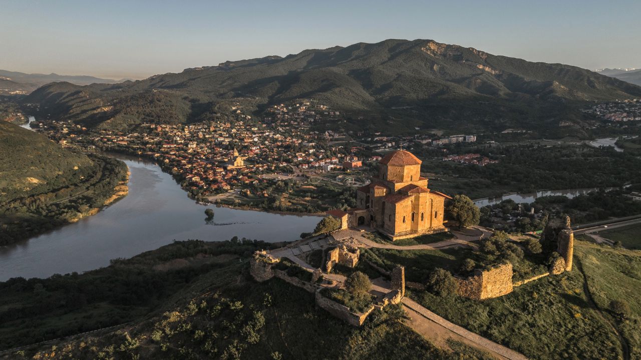 Aerial view of Jvari Monastery and Mtskheta at the confluence of two rivers