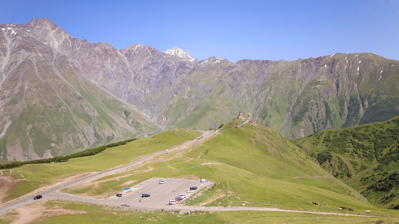Gergeti Trinity Church above Stepantsminda in the Kazbegi region of Georgia