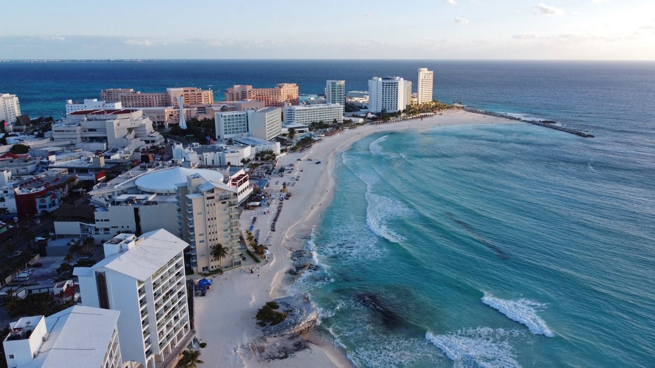 Cancun beach and Altitude by Krystal Grand Punta Cancun, Hyatt Ziva Cancun aerial view in the morning, Cancun, Quintana Roo QR, Mexico.