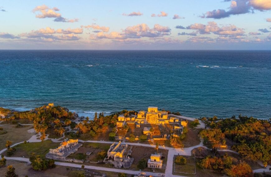 Tulum Ruins and forests with ocean, aerial view taken with drome , Yucatan, Mexico