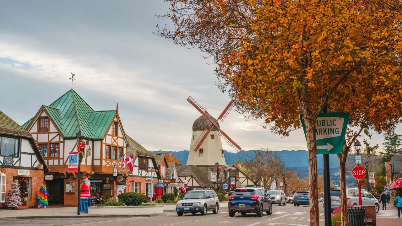 Solvang, California, USA - December 8, 2022 Solvang Main Street. Architecture, street view, traditional Danish Style, little Denmark in California