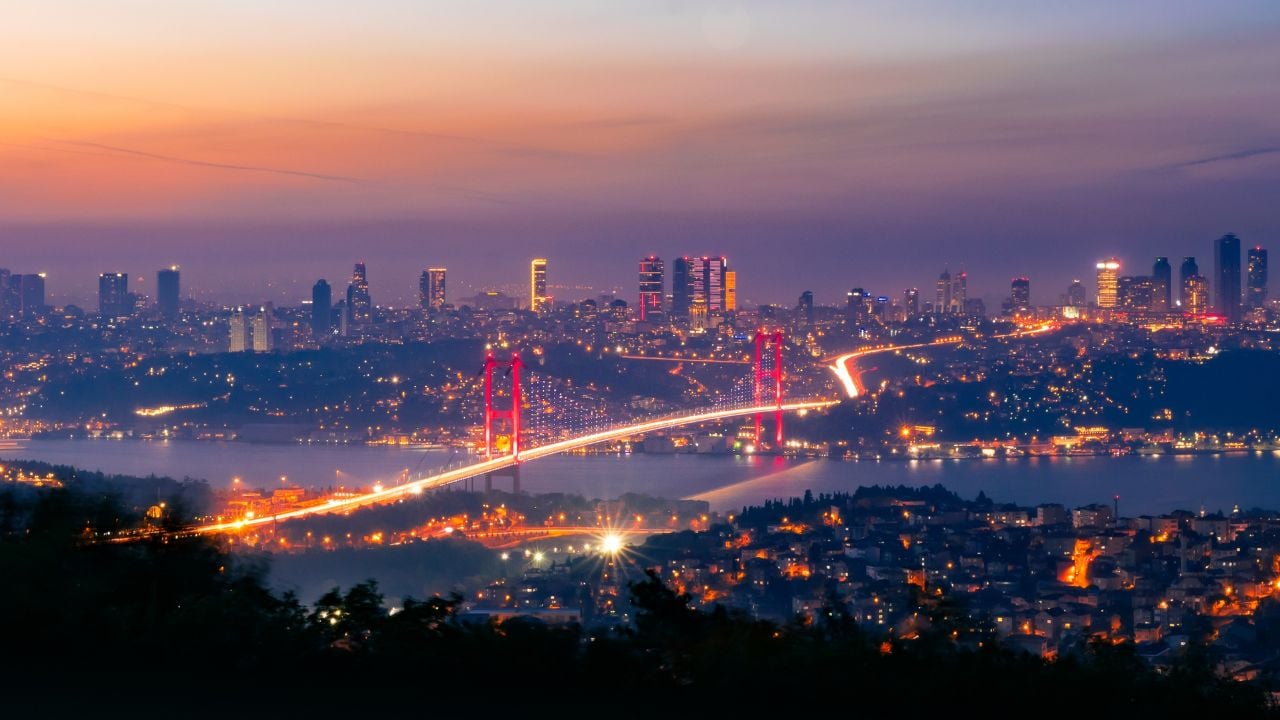 Camlica hill viewpoint to 15 July Martyrs bridge with Besiktas skyscrapers in the background.Amazing view of all of Istanbul top of Camlica Hill to see all of Istanbul