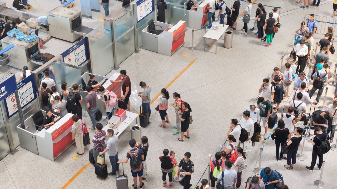 BEIJING-JULY 15, 2016. High angle view on the security check area Beijing Capital International Airport, Terminal 3. With 986,000 m2 it is the second largest airport terminal building in the world.