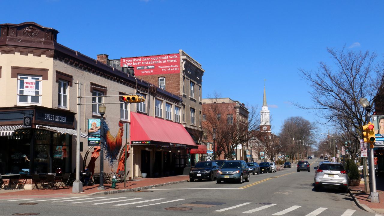 Montclair, New Jersey, USA - March 7, 2021: Streetscape of Park Street in downtown Montclair