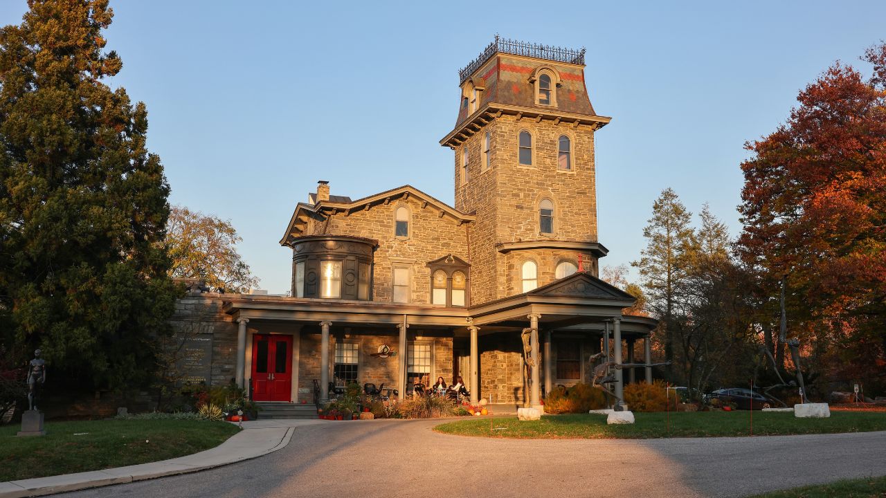 Philadelphia, Pennsylvania, USA - Nov 7, 2023: the elegant stone mansion of Woodmere Art Museum at sunset time
