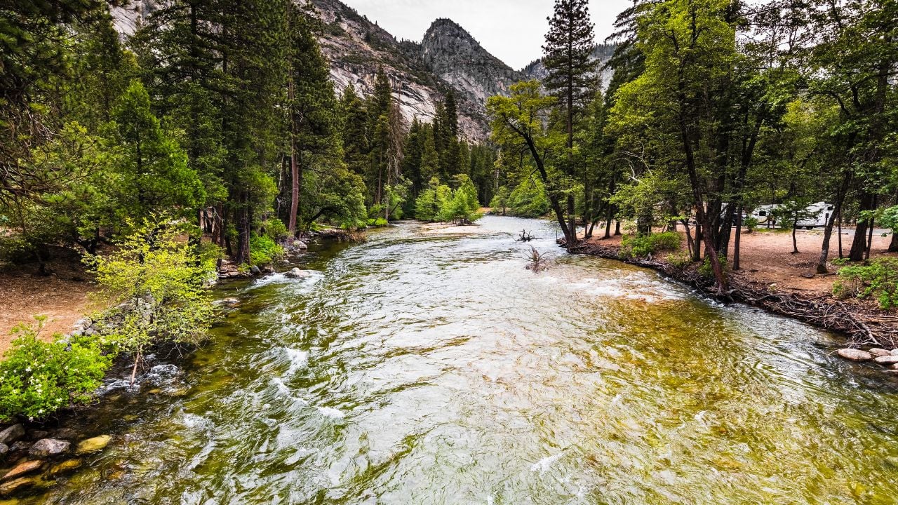 Merced River flowing through Yosemite Valley, Yosemite National Park, California; cloudy summer day