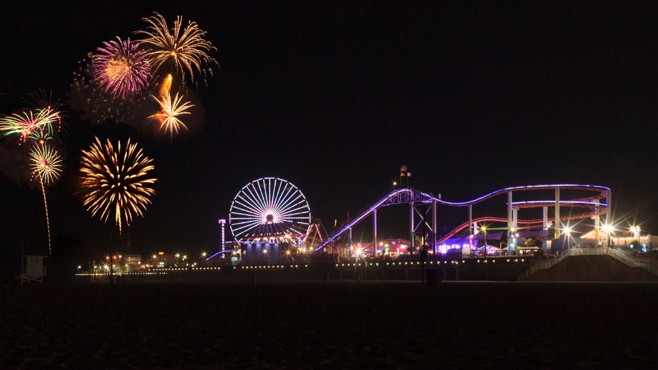 Santa Monica, CA, USA - July 4, 2017: Colorful explosion of fireworks over the Santa Monica Pier over the roller coaster amusement park. Editorial Use Only.