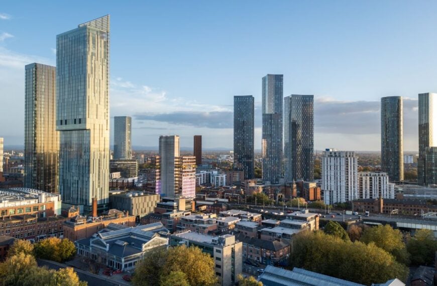 MANCHESTER, ENGLAND - OCTOBER 21, 2024: Aerial, Manchester skyline of new skyscrapers, Beetham Tower, England
