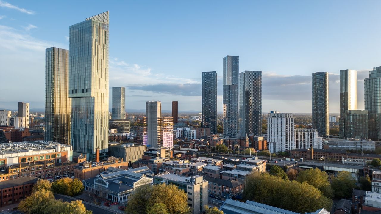 MANCHESTER, ENGLAND - OCTOBER 21, 2024: Aerial, Manchester skyline of new skyscrapers, Beetham Tower, England