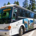 June 27, 2019 Yosemite National Park / CA / USA - The Yosemite Glacier Point guided tour bus, operated by Aramark, available from late May to early November; Half Dome visible in the background