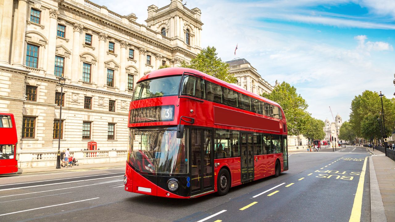 Modern red double decker bus, London, England, United Kingdom