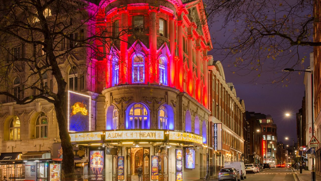 LONDON- NOVEMBER, 2017: Exterior of The Aldwych Theatre in London's West End. A grade II listed theatre with 1200 seat capacity on 3 levels.