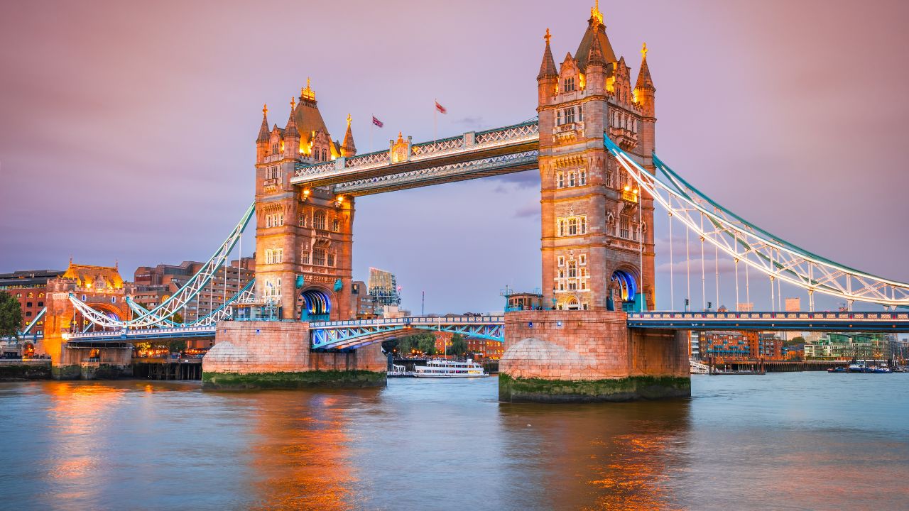 Tower Bridge and the River Thames in London at twilight