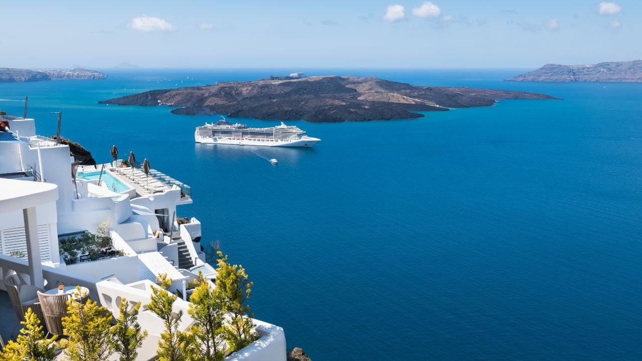 White architecture on Santorini island in Greece with blue sea and sky