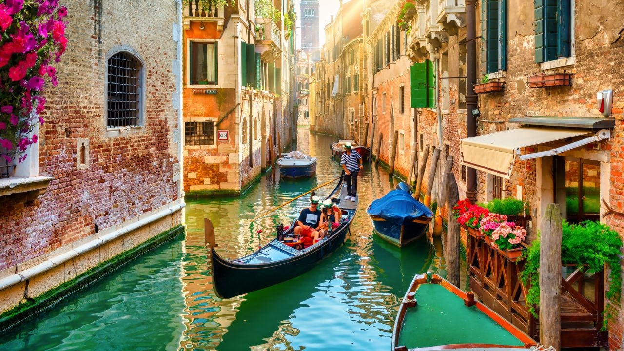 Flowers on a canal in Venice, Italy