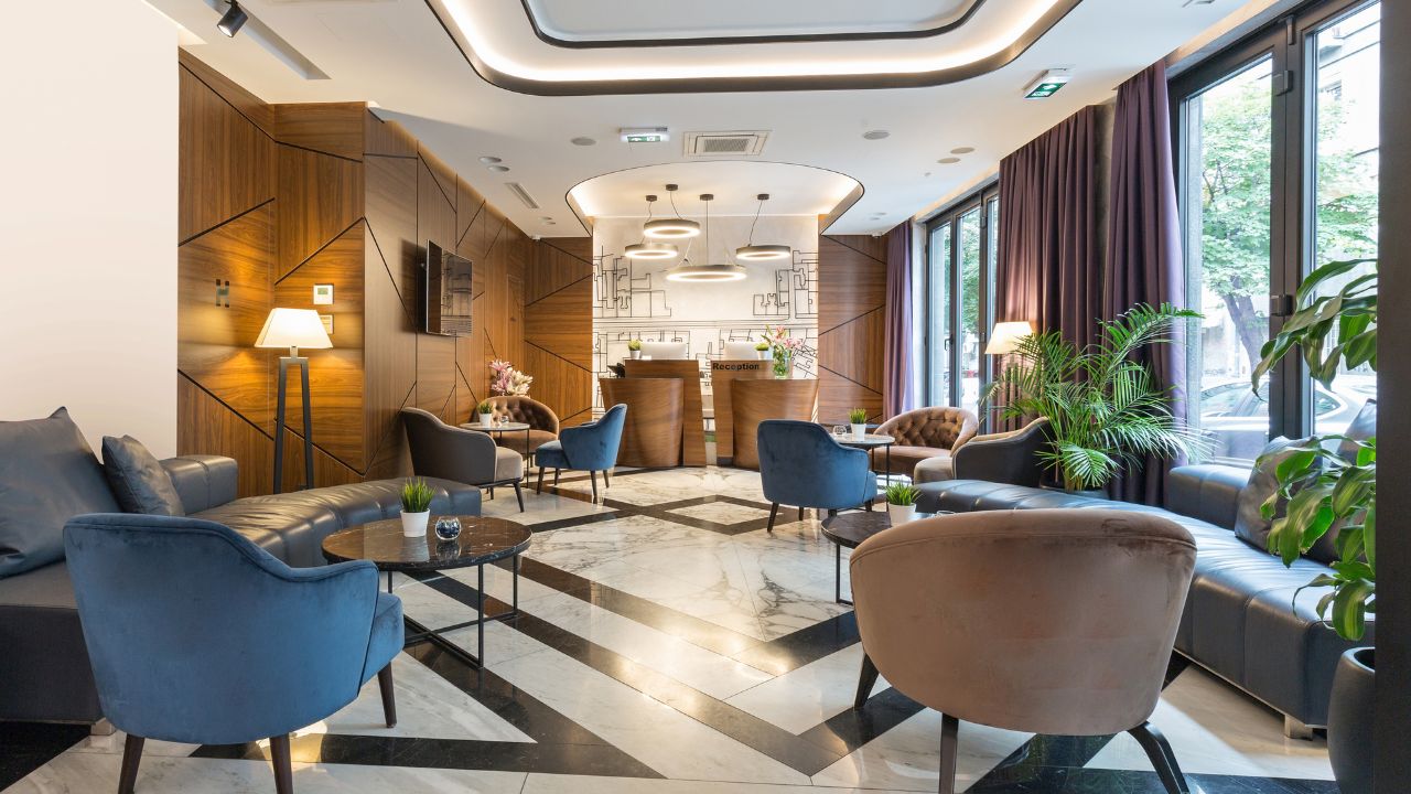 Interior of a modern hotel lounge cafe bar restaurant
