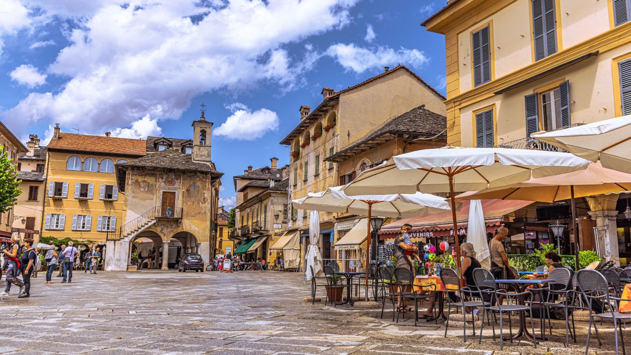 Orta San Giulio, Italy - July 14, 2021: The wonderful town of Orta San Giulio, Italy.